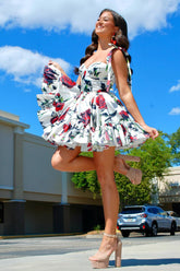 Misshow White A Line Ruffled Homecoming Dress/Mini Dress With Printed Flower